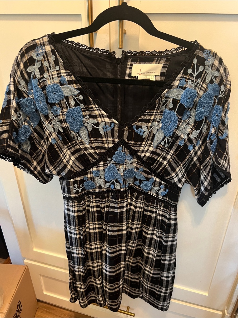 Anthropologie Embroidered Plaid Short Sleeve Dress with Blue Florals